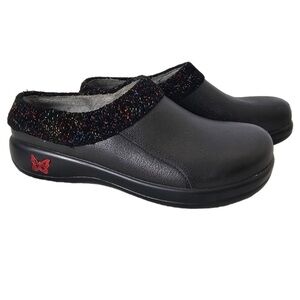 Alegria Kyah Black Leather Mule Knit Trim Comfort KYA-7630 Faux Fur Lining 35